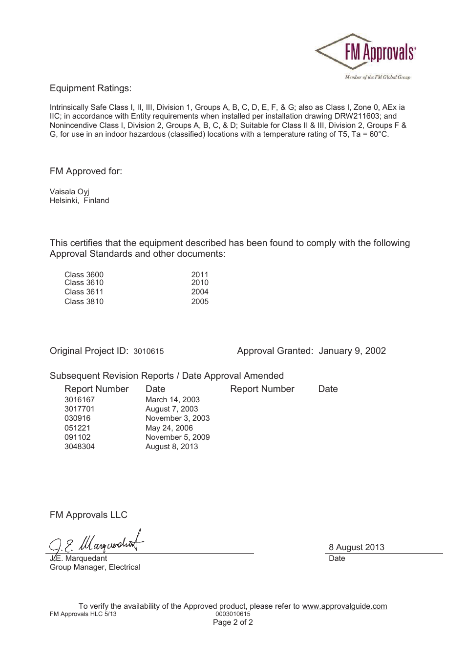 Equipment ratings, Fm approved for, Original project id | Fm approvals llc | Vaisala HMT360 User Manual | Page 54 / 63