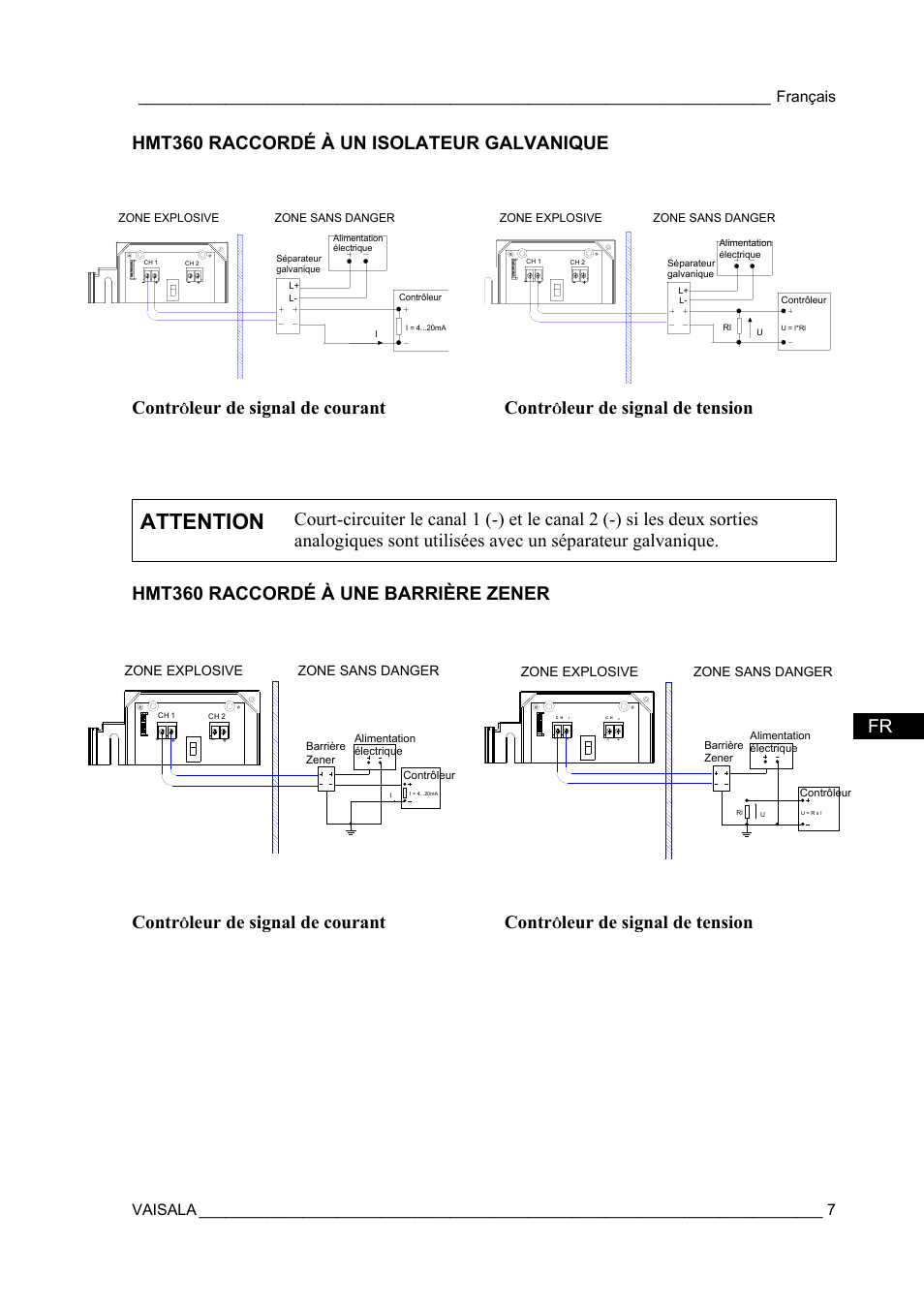 Attention, Hmt360 raccordé à un isolateur galvanique, Contr | Leur de signal de courant contr, Leur de signal de tension, Français vaisala | Vaisala HMT360 User Manual | Page 9 / 63