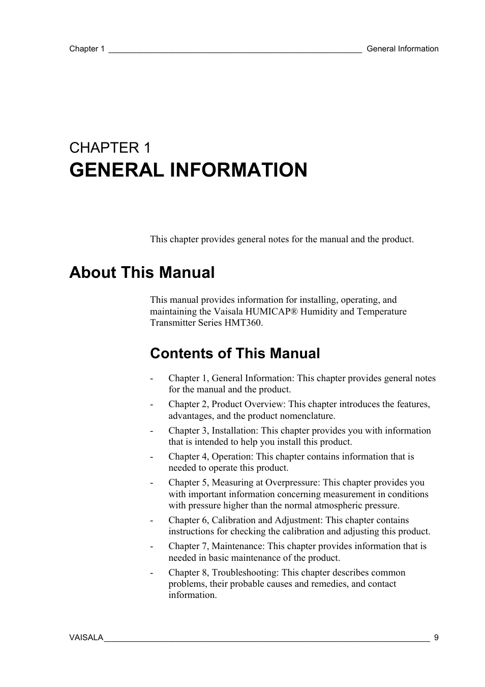 Chapter 1 general information, About this manual, Contents of this manual | Chapter 1, General information | Vaisala HMT360 User Manual | Page 11 / 97