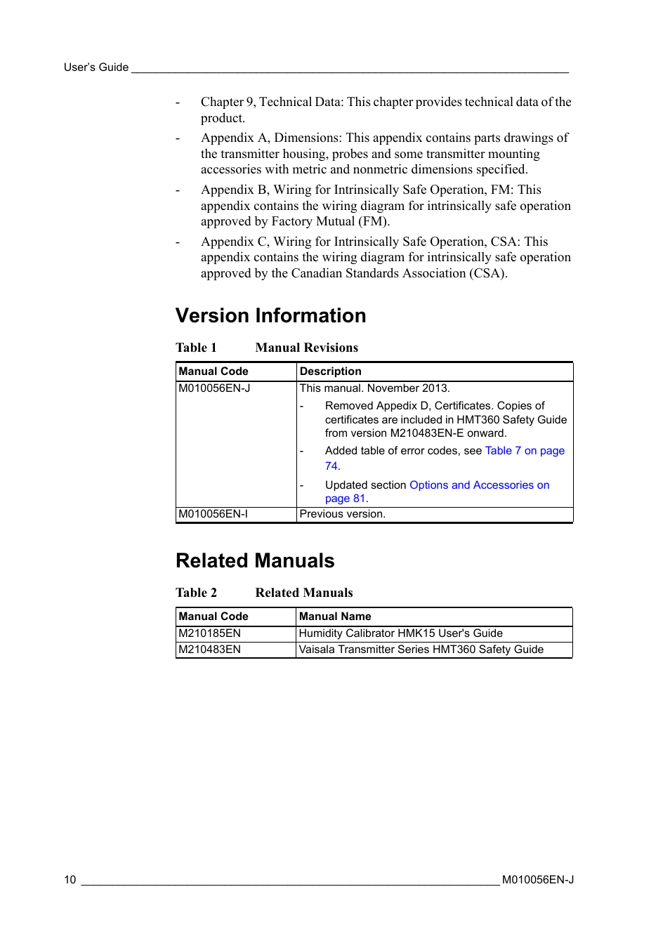 Version information, Related manuals, Version information related manuals | Table 1, Manual revisions, Table 2 | Vaisala HMT360 User Manual | Page 12 / 97