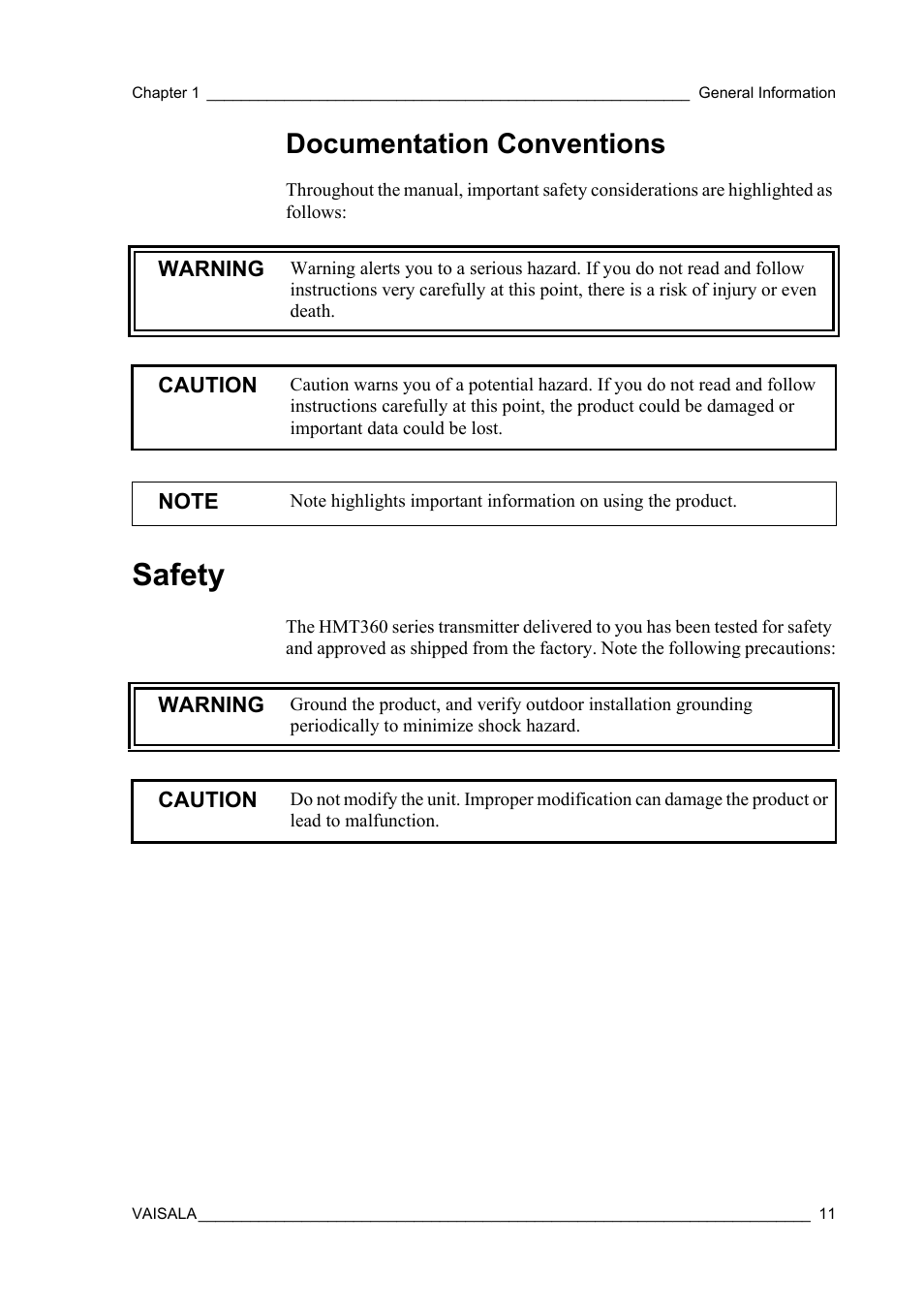 Documentation conventions, Safety | Vaisala HMT360 User Manual | Page 13 / 97