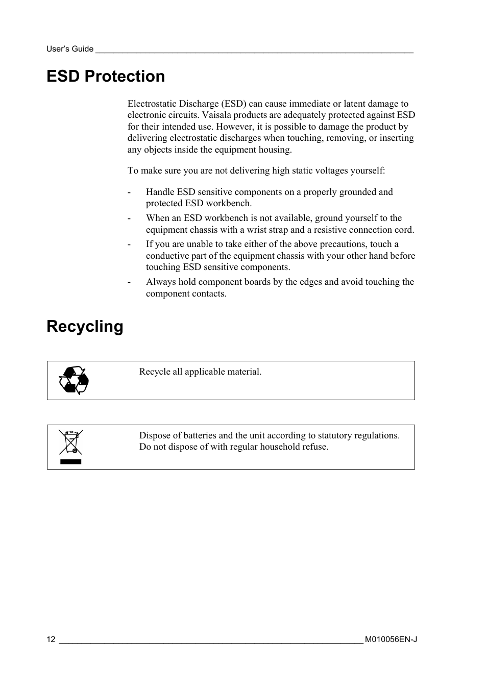 Esd protection, Recycling, Esd protection recycling | Vaisala HMT360 User Manual | Page 14 / 97