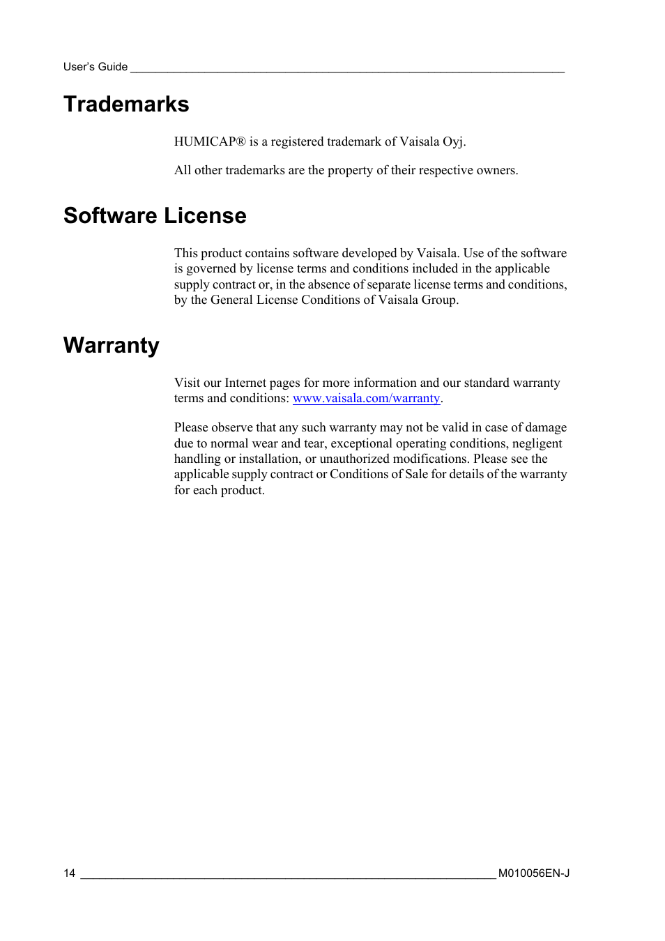 Trademarks, Software license, Warranty | Trademarks software license warranty | Vaisala HMT360 User Manual | Page 16 / 97