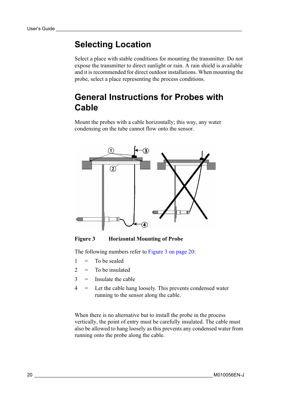 Selecting location, General instructions for probes with cable, Figure 3 | Horizontal mounting of probe | Vaisala HMT360 User Manual | Page 22 / 97