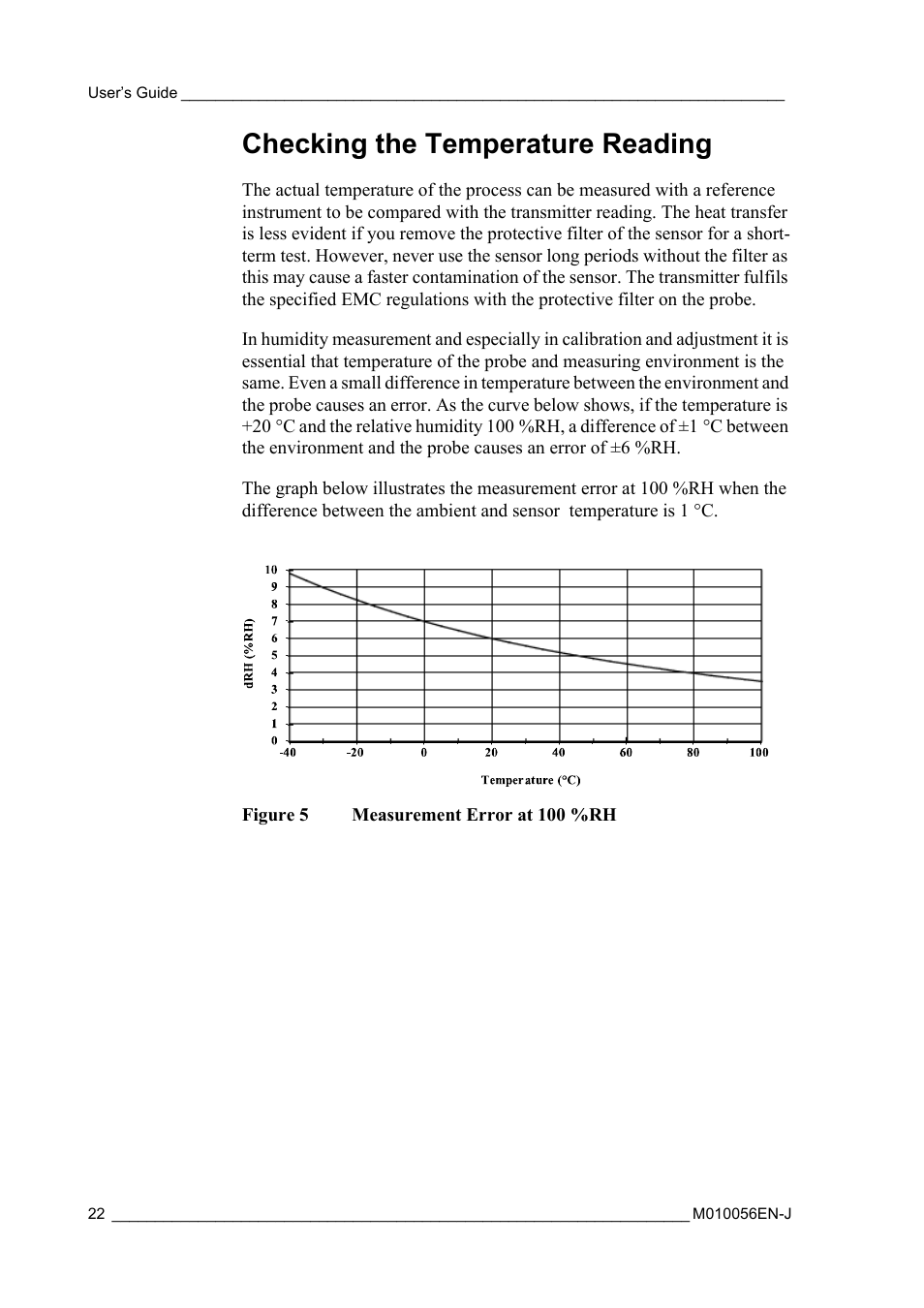 Checking the temperature reading, Figure 5, Measurement error at 100 %rh | Vaisala HMT360 User Manual | Page 24 / 97