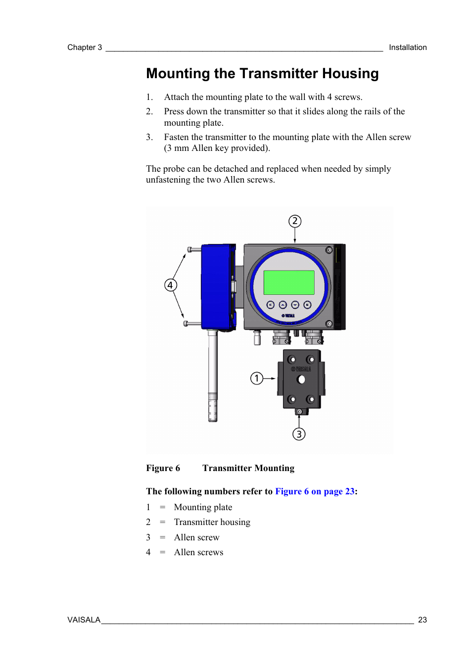 Mounting the transmitter housing, Figure 6, Transmitter mounting | Vaisala HMT360 User Manual | Page 25 / 97