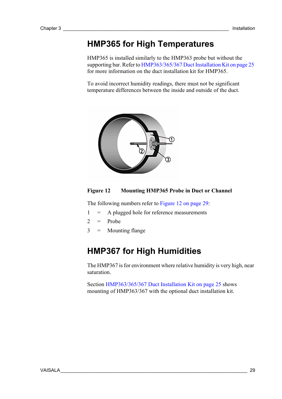 Hmp365 for high temperatures, Hmp367 for high humidities, Figure 12 | Mounting hmp365 probe in duct or channel | Vaisala HMT360 User Manual | Page 31 / 97