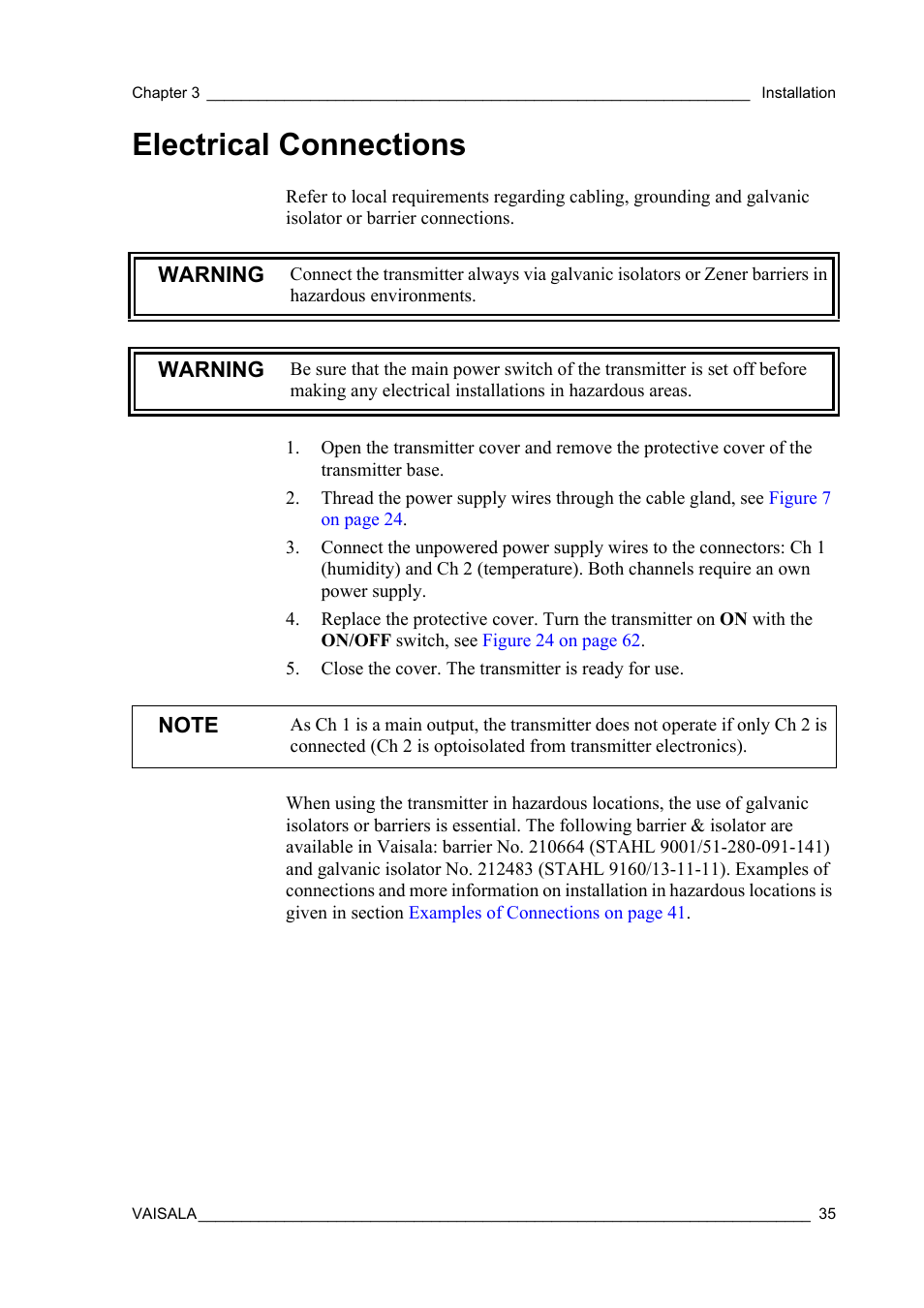 Electrical connections | Vaisala HMT360 User Manual | Page 37 / 97