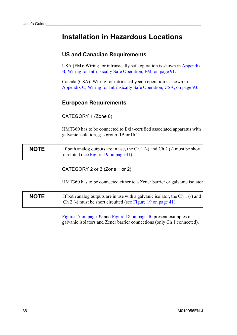Installation in hazardous locations, Us and canadian requirements, European requirements | Category 1 (zone 0), Category 2 or 3 (zone 1 or 2), Us and canadian requirements european requirements, Category 1 (zone 0) category 2 or 3 (zone 1 or 2) | Vaisala HMT360 User Manual | Page 38 / 97