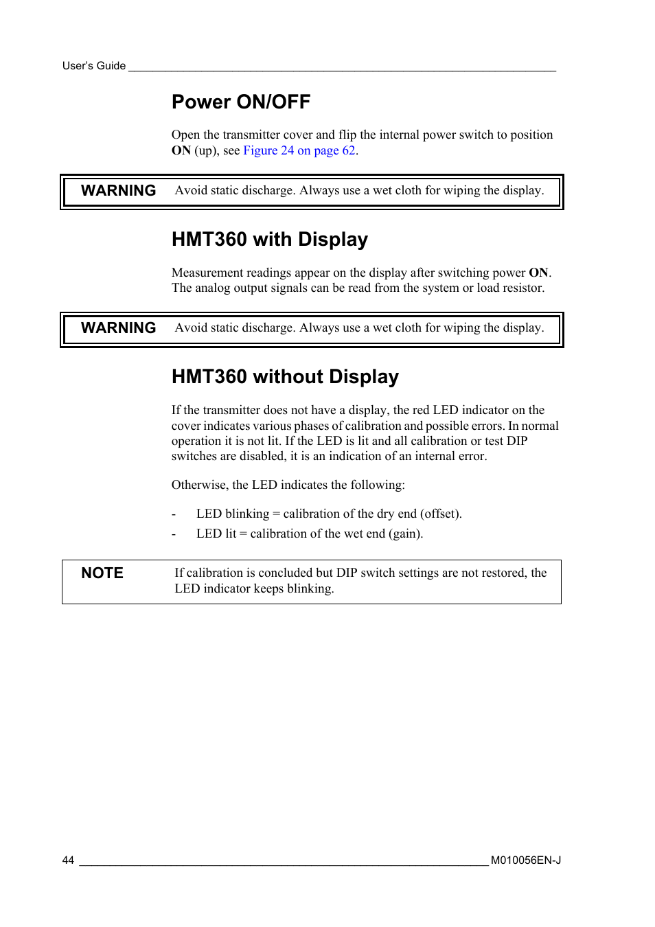 Power on/off, Hmt360 with display, Hmt360 without display | Vaisala HMT360 User Manual | Page 46 / 97