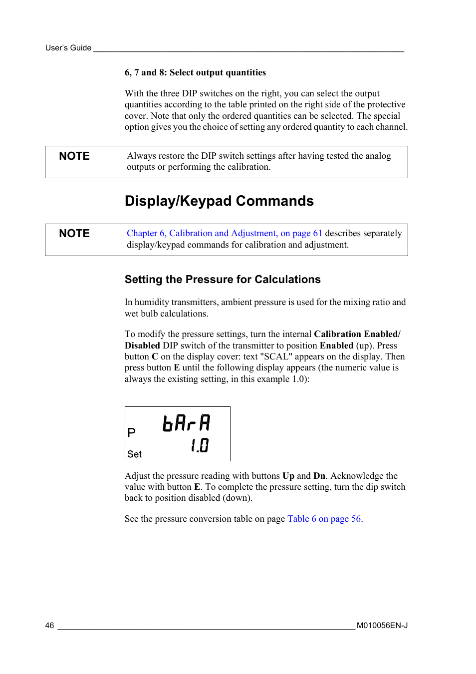 Display/keypad commands, Setting the pressure for calculations, Setting the pressure for | Vaisala HMT360 User Manual | Page 48 / 97