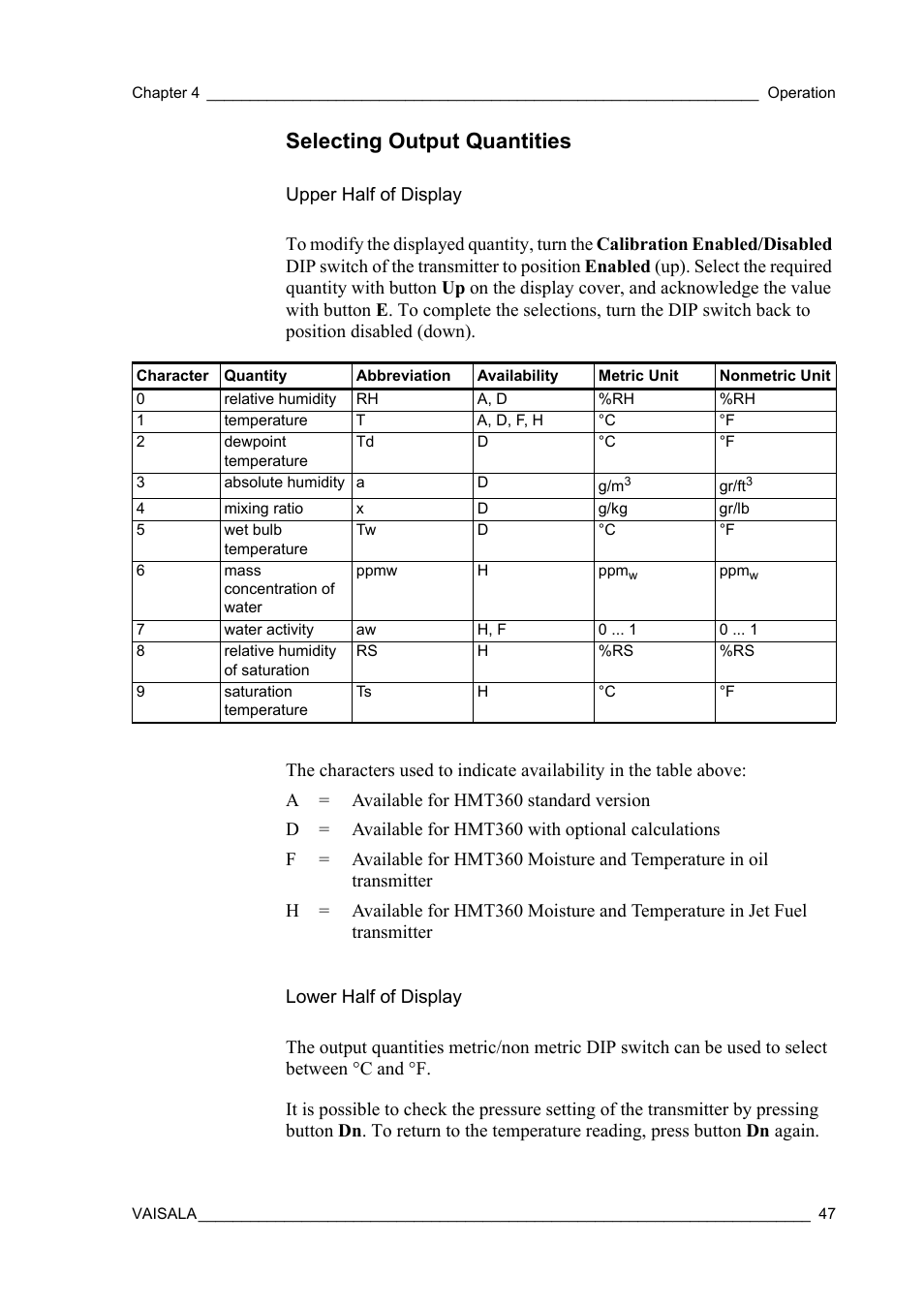 Selecting output quantities, Upper half of display, Lower half of display | Upper half of display lower half of display | Vaisala HMT360 User Manual | Page 49 / 97