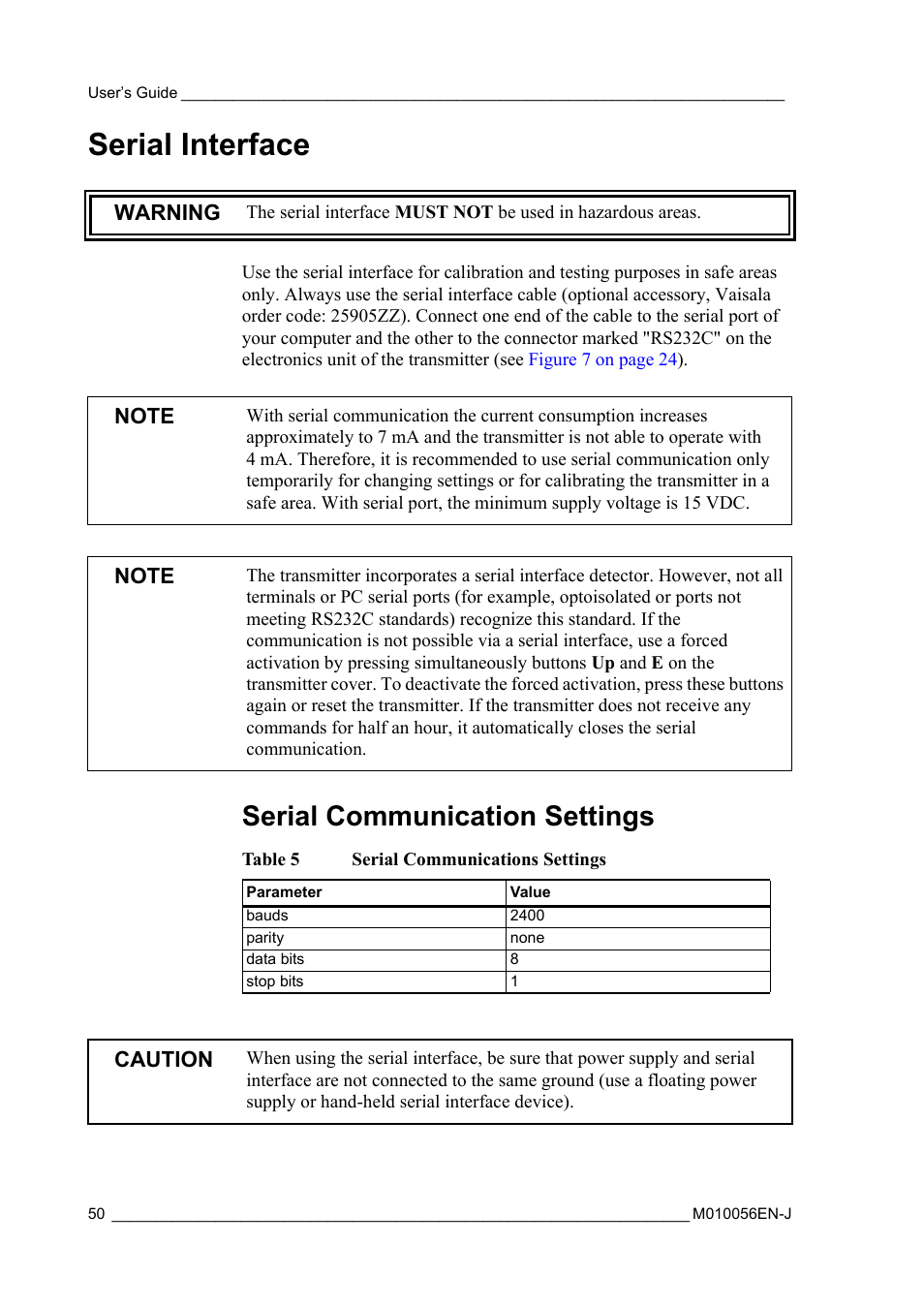 Serial interface, Serial communication settings, Table 5 | Serial communications settings, Warning, Caution | Vaisala HMT360 User Manual | Page 52 / 97