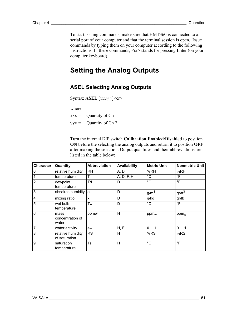 Setting the analog outputs, Asel selecting analog outputs | Vaisala HMT360 User Manual | Page 53 / 97