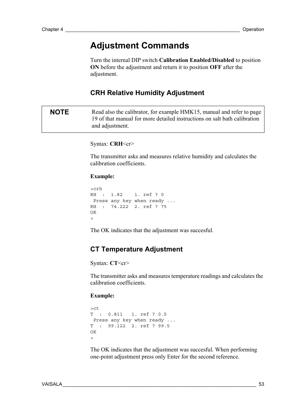 Adjustment commands, Crh relative humidity adjustment, Ct temperature adjustment | Vaisala HMT360 User Manual | Page 55 / 97