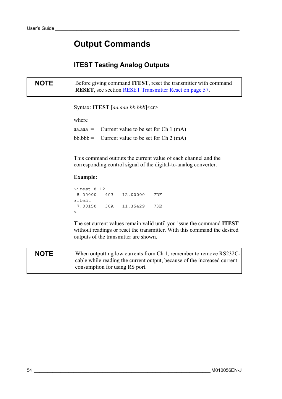 Output commands, Itest testing analog outputs | Vaisala HMT360 User Manual | Page 56 / 97