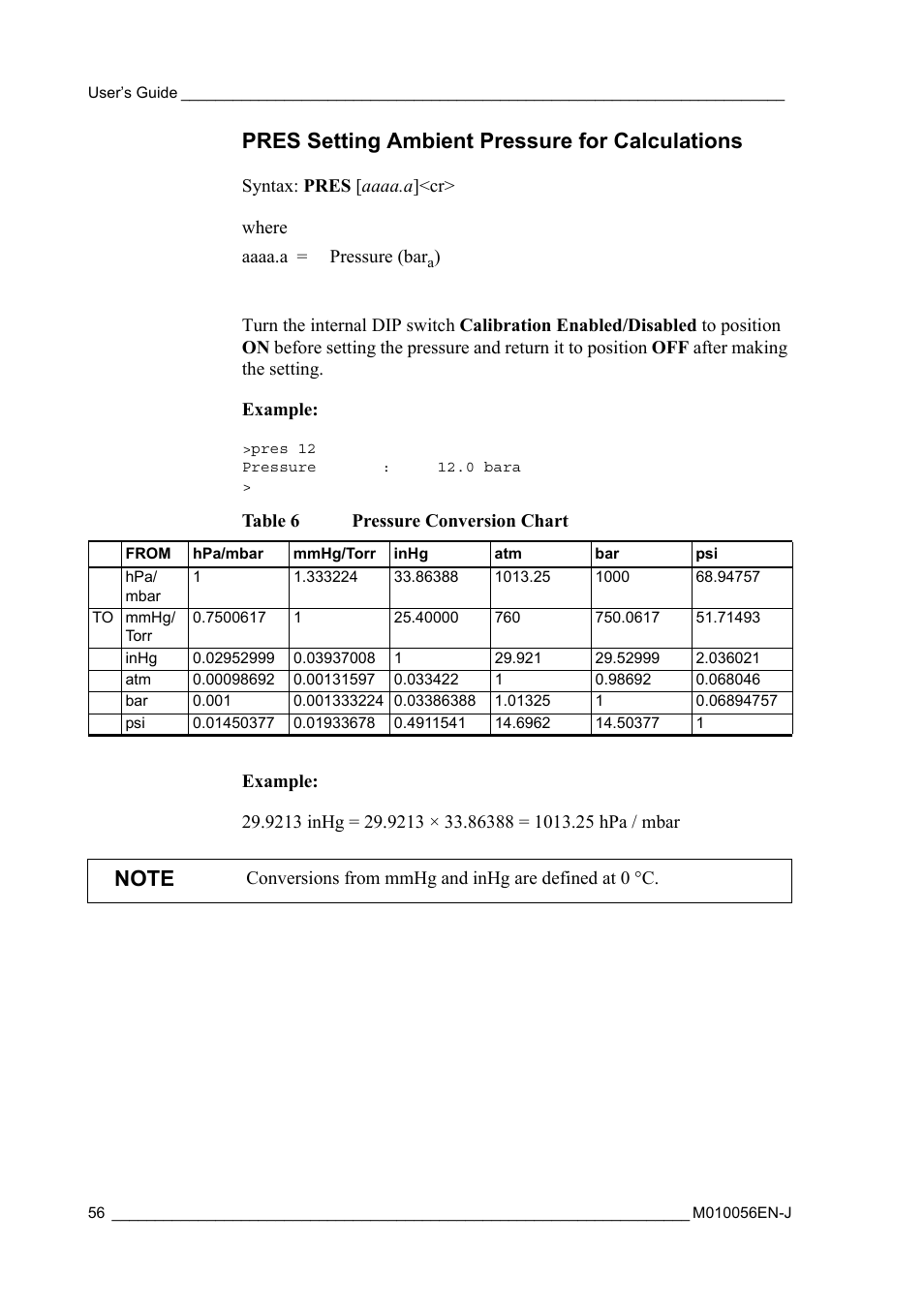 Pres setting ambient pressure for calculations, Table 6, Pressure conversion chart | Into the transmitter memory, see sections, Pres setting | Vaisala HMT360 User Manual | Page 58 / 97