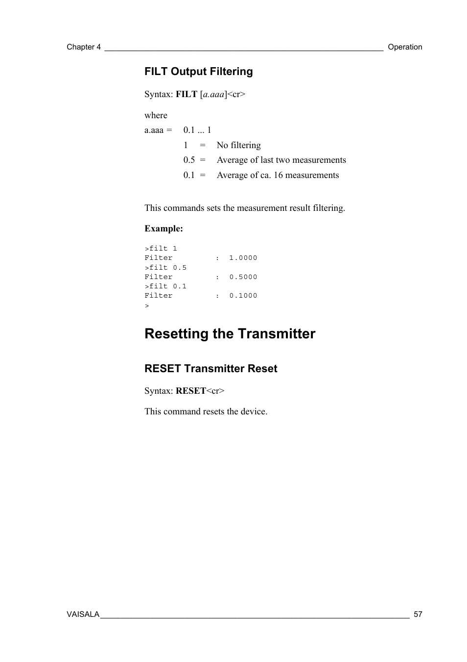 Filt output filtering, Resetting the transmitter, Reset transmitter reset | Vaisala HMT360 User Manual | Page 59 / 97