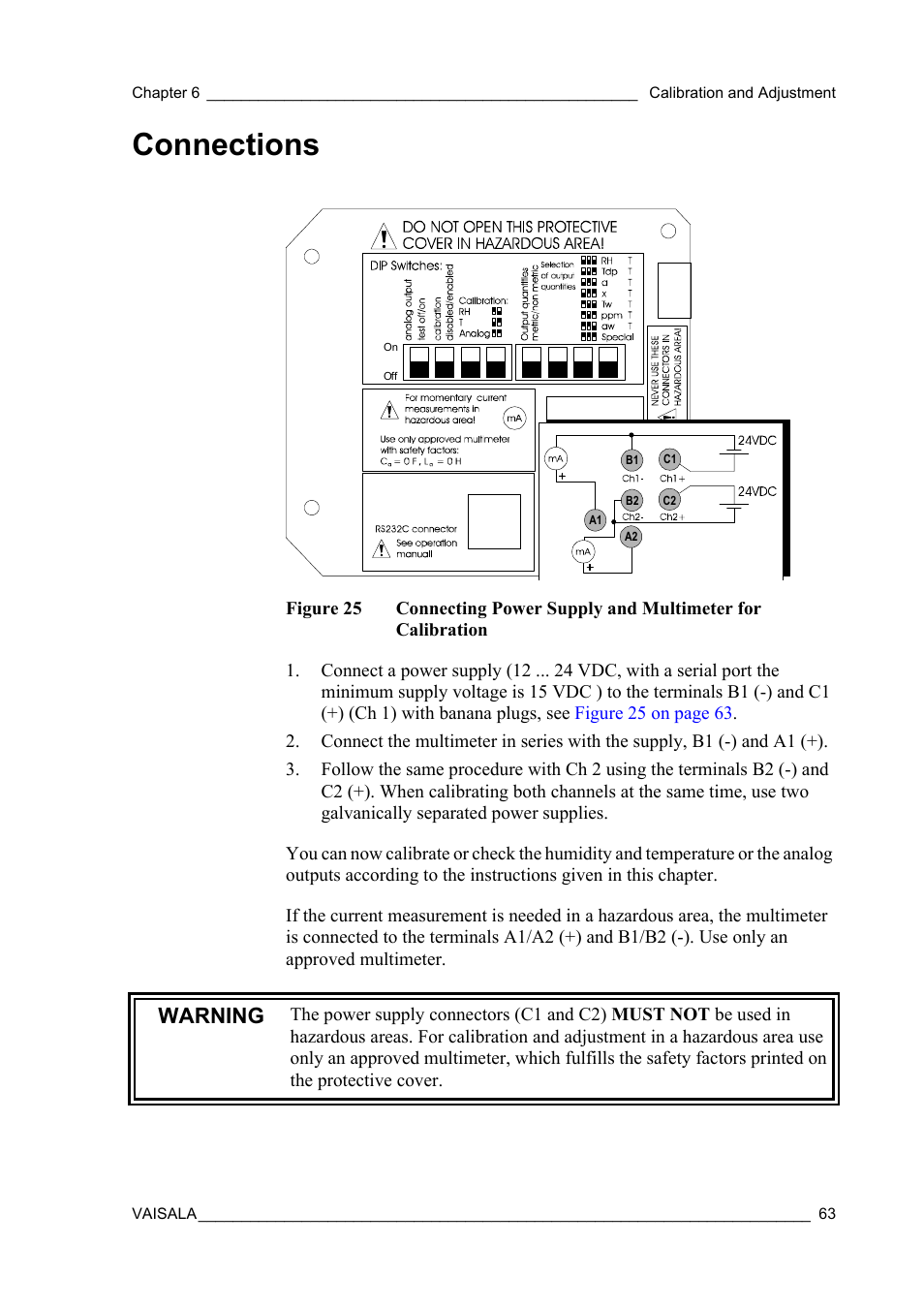 Connections, Figure 25, Warning | Vaisala HMT360 User Manual | Page 65 / 97