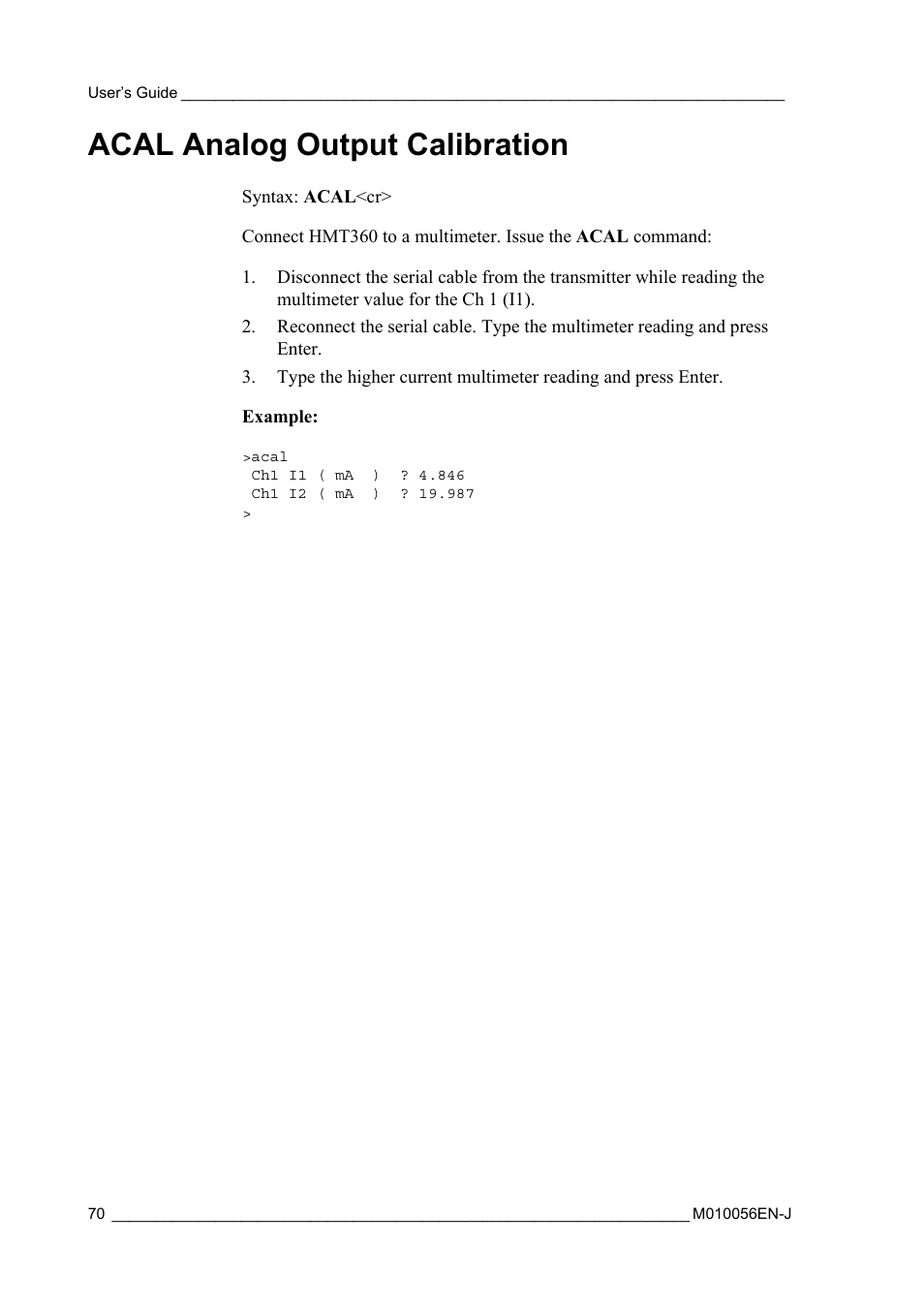 Acal analog output calibration | Vaisala HMT360 User Manual | Page 72 / 97