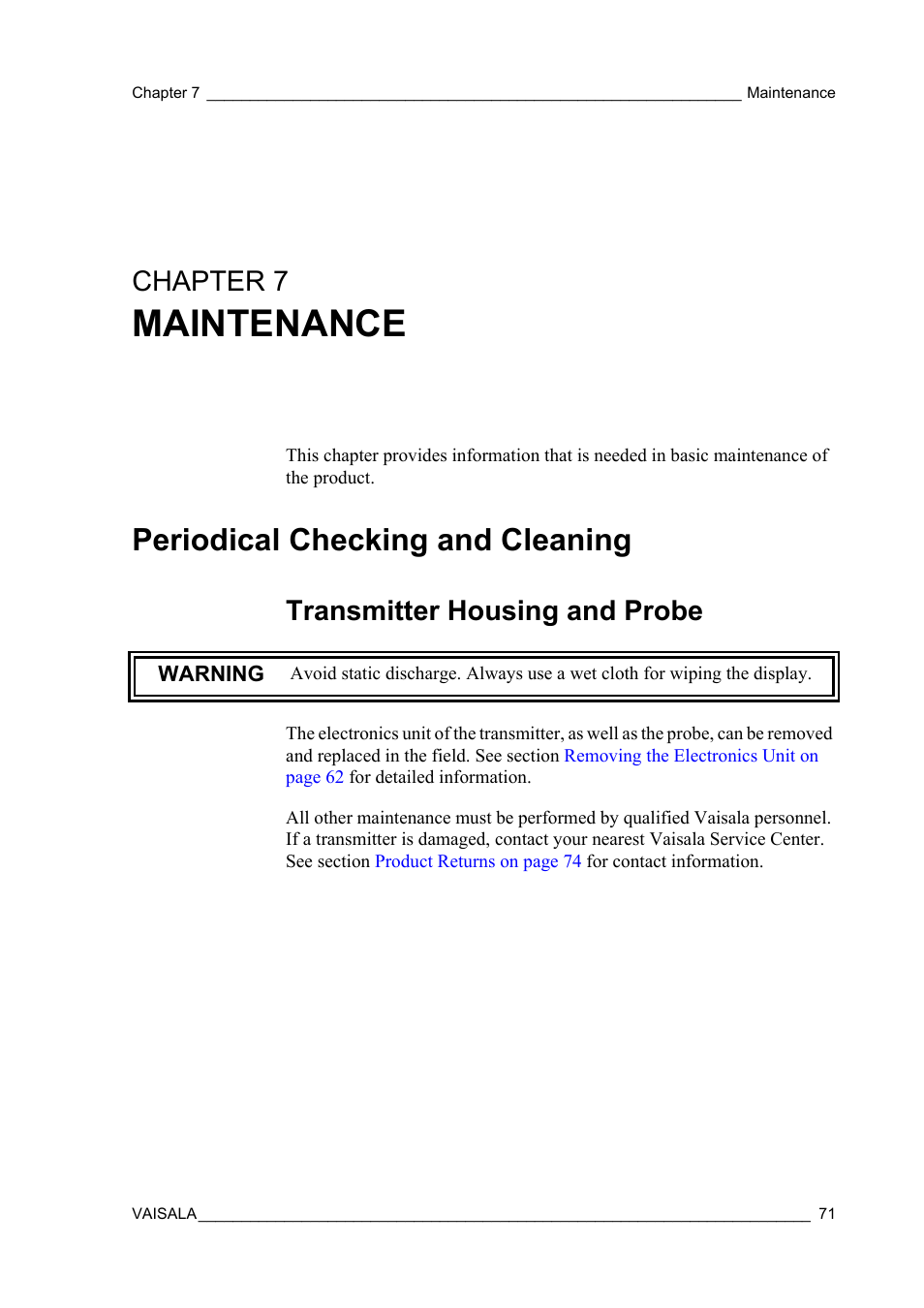 Chapter 7 maintenance, Periodical checking and cleaning, Transmitter housing and probe | Chapter 7, Chapter 7, maintenance: this ch, Maintenance | Vaisala HMT360 User Manual | Page 73 / 97