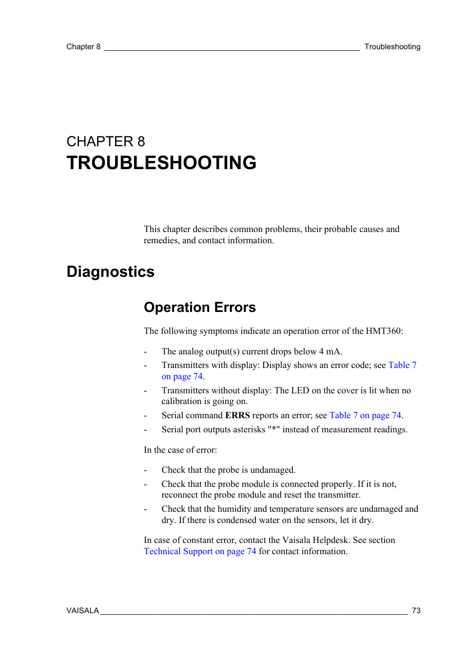 Chapter 8 troubleshooting, Diagnostics, Operation errors | Chapter 8, Chapter 8, troubleshooting: th, Troubleshooting | Vaisala HMT360 User Manual | Page 75 / 97