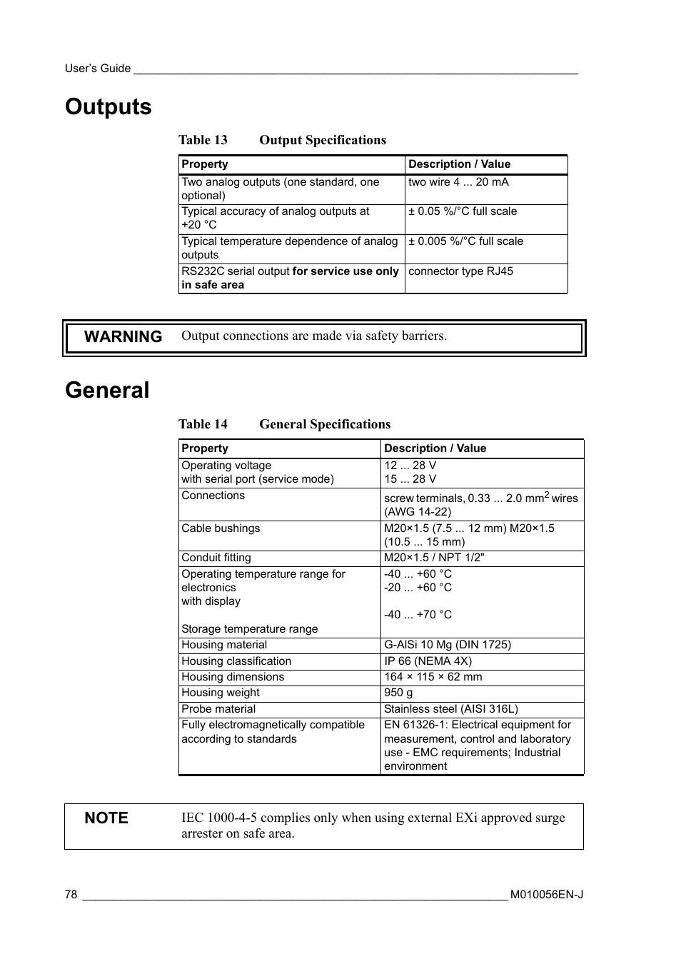 Outputs, General, Outputs general | Table 13, Output specifications, Table 14, General specifications, Warning | Vaisala HMT360 User Manual | Page 80 / 97