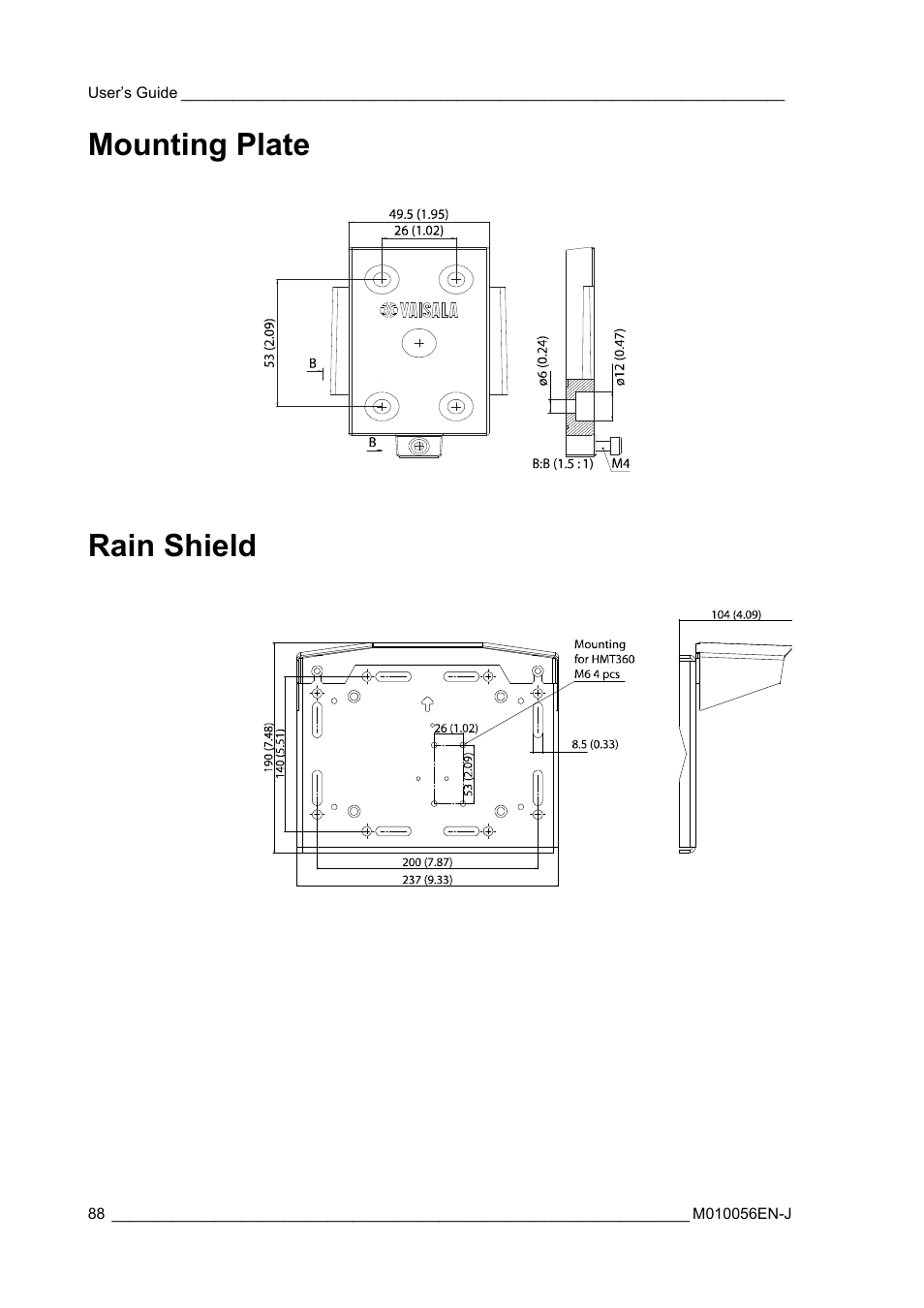 Mounting plate, Rain shield, Mounting plate rain shield | Vaisala HMT360 User Manual | Page 90 / 97