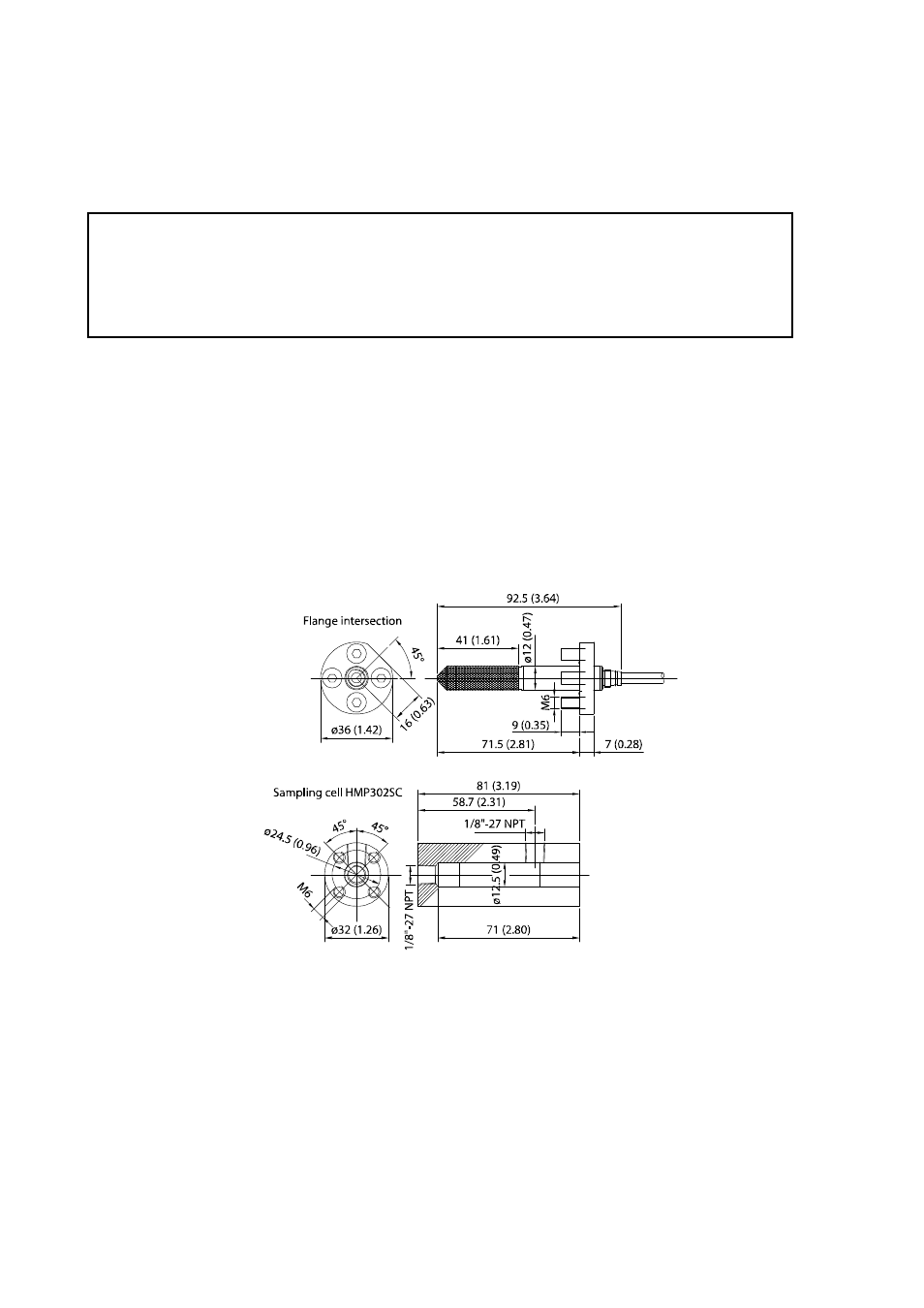 Probe mounting, Hmp362 small pressure-tight probe, Figure 6 | Hmp362 probe and hmp302sc sampling cell dimensions, Probe mounting hmp362 small pressure-tight probe | Vaisala HMT360N User Manual | Page 26 / 110