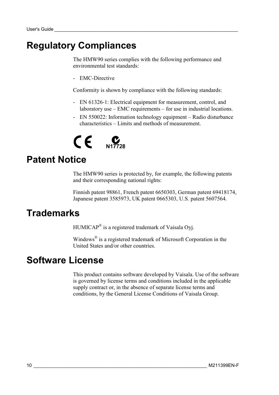 Regulatory compliances, Patent notice, Trademarks | Software license | Vaisala HMW90 User Manual | Page 12 / 110