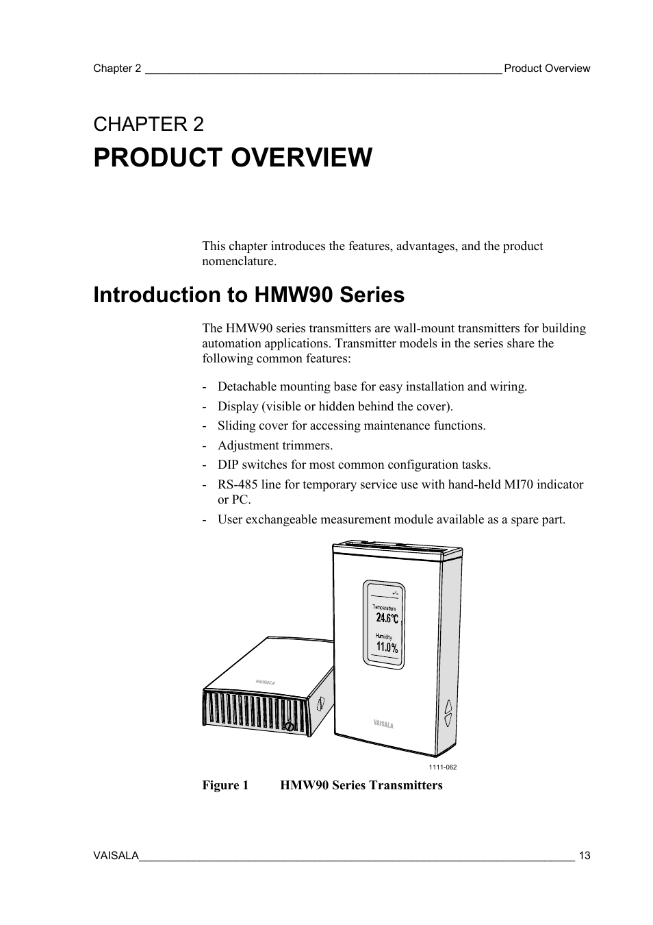 Product overview, Introduction to hmw90 series, Chapter 2 | Figure 1, Hmw90 series transmitters, Chapter 2, product overview | Vaisala HMW90 User Manual | Page 15 / 110