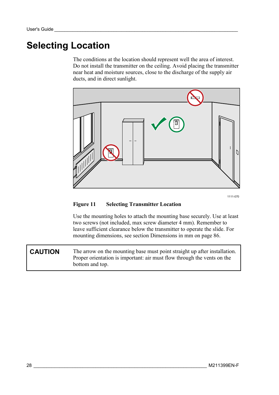 Selecting location, Figure 11, Selecting transmitter location | Caution | Vaisala HMW90 User Manual | Page 30 / 110