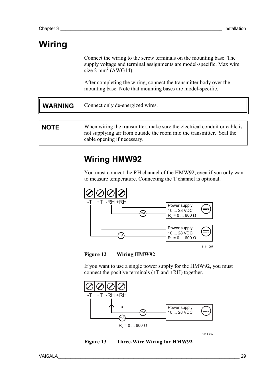 Wiring, Wiring hmw92, Figure 12 | Figure 13, Three-wire wiring for hmw92, Warning | Vaisala HMW90 User Manual | Page 31 / 110