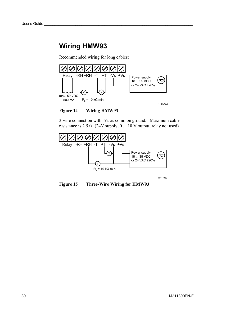 Wiring hmw93, Figure 14, Figure 15 | Three-wire wiring for hmw93, Recommended wiring for long cables, Figure 15 three-wire wiring for hmw93 | Vaisala HMW90 User Manual | Page 32 / 110
