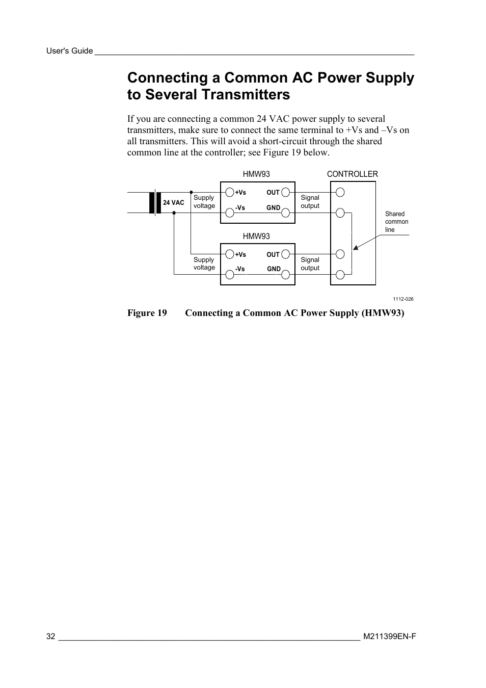Connecting a common ac power supply to several, Transmitters, Figure 19 | Connecting a common ac power supply (hmw93) | Vaisala HMW90 User Manual | Page 34 / 110