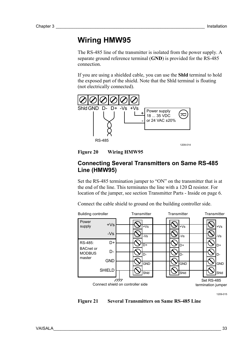 Wiring hmw95, Connecting several transmitters on same, Rs-485 line (hmw95) | Figure 20, Figure 21, Several transmitters on same rs-485 line | Vaisala HMW90 User Manual | Page 35 / 110