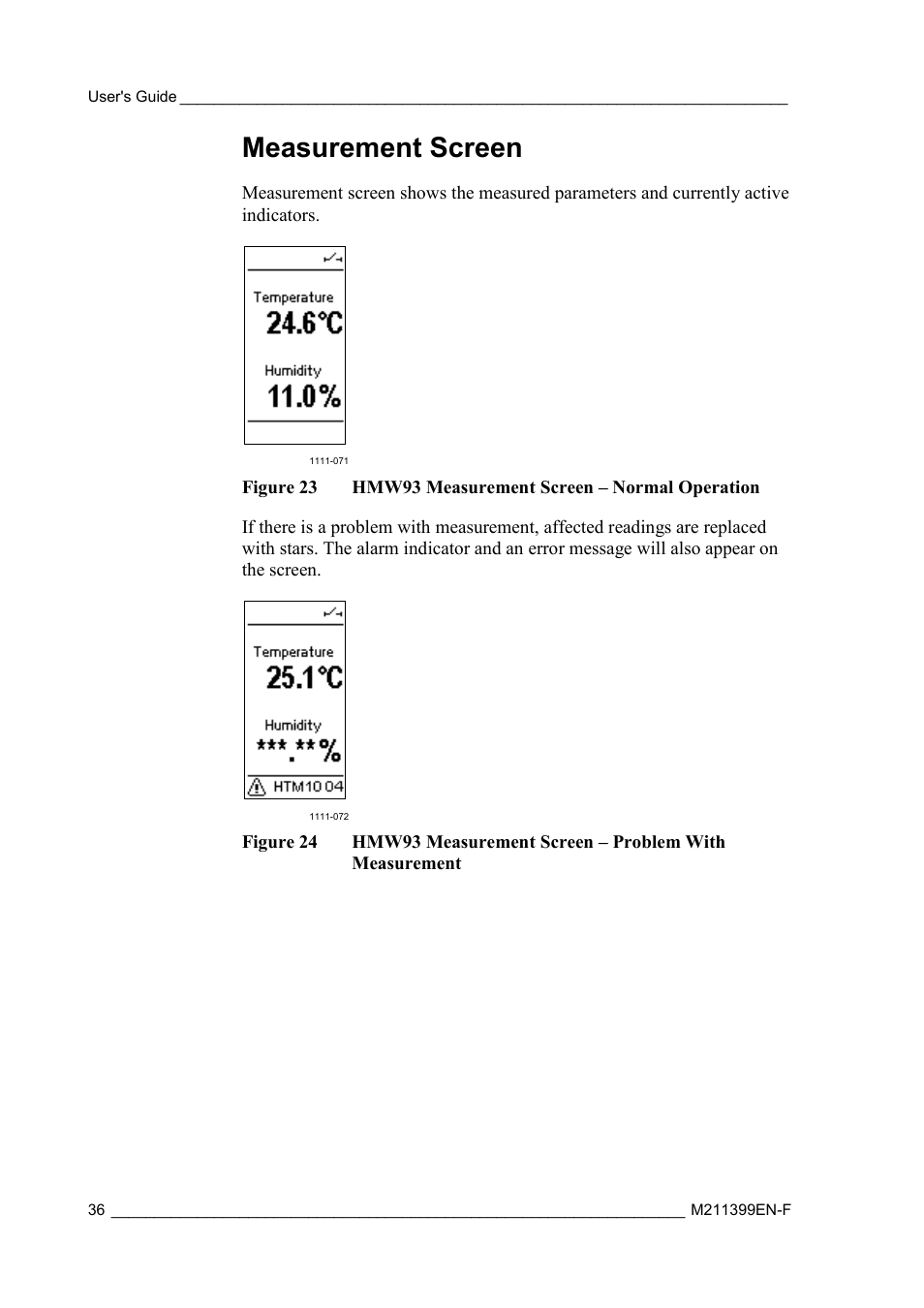 Measurement screen, Figure 23, Hmw93 measurement screen – normal operation | Figure 24, Hmw93 measurement screen – problem with, Measurement | Vaisala HMW90 User Manual | Page 38 / 110