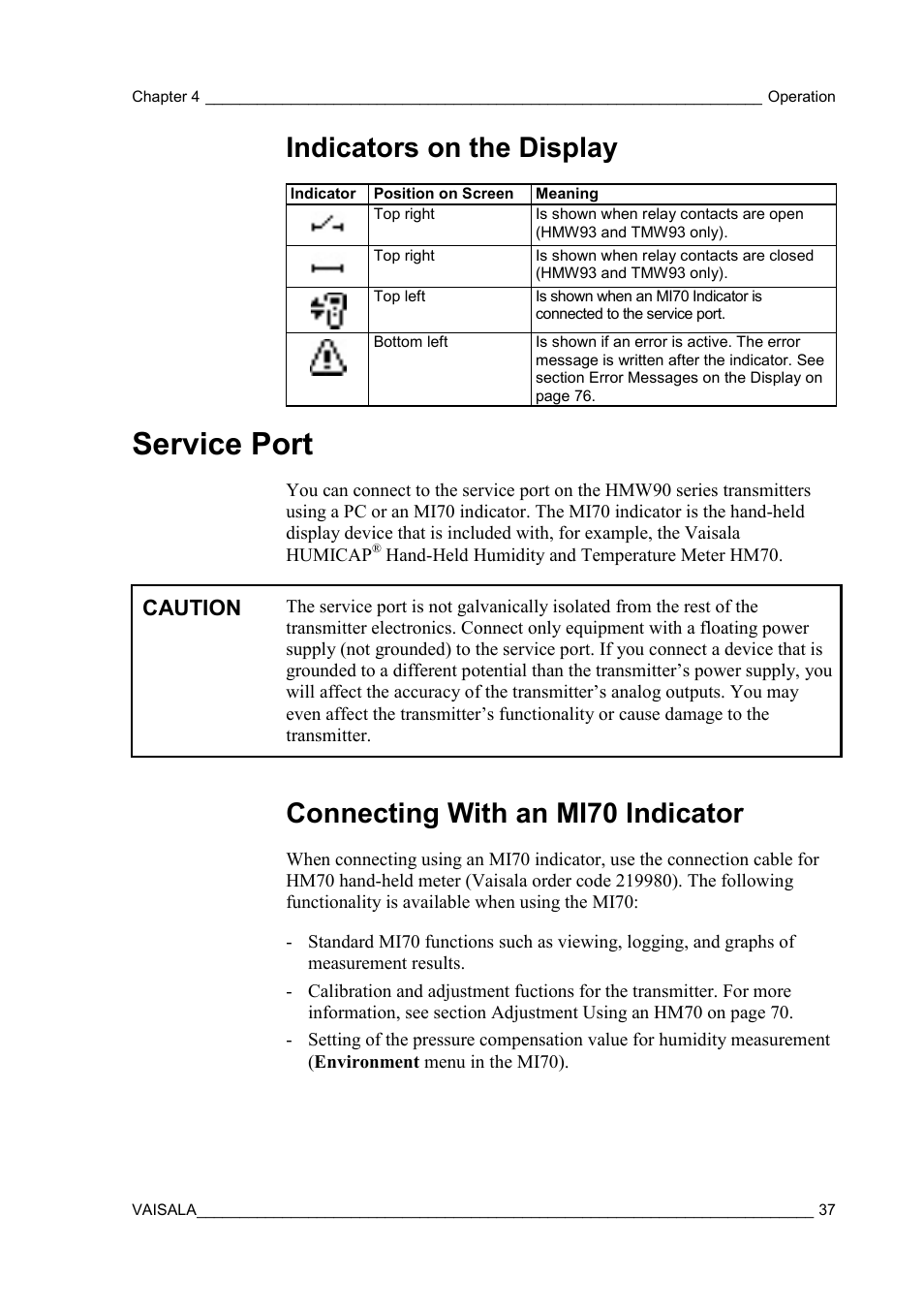 Indicators on the display, Service port, Connecting with an mi70 indicator | Caution | Vaisala HMW90 User Manual | Page 39 / 110