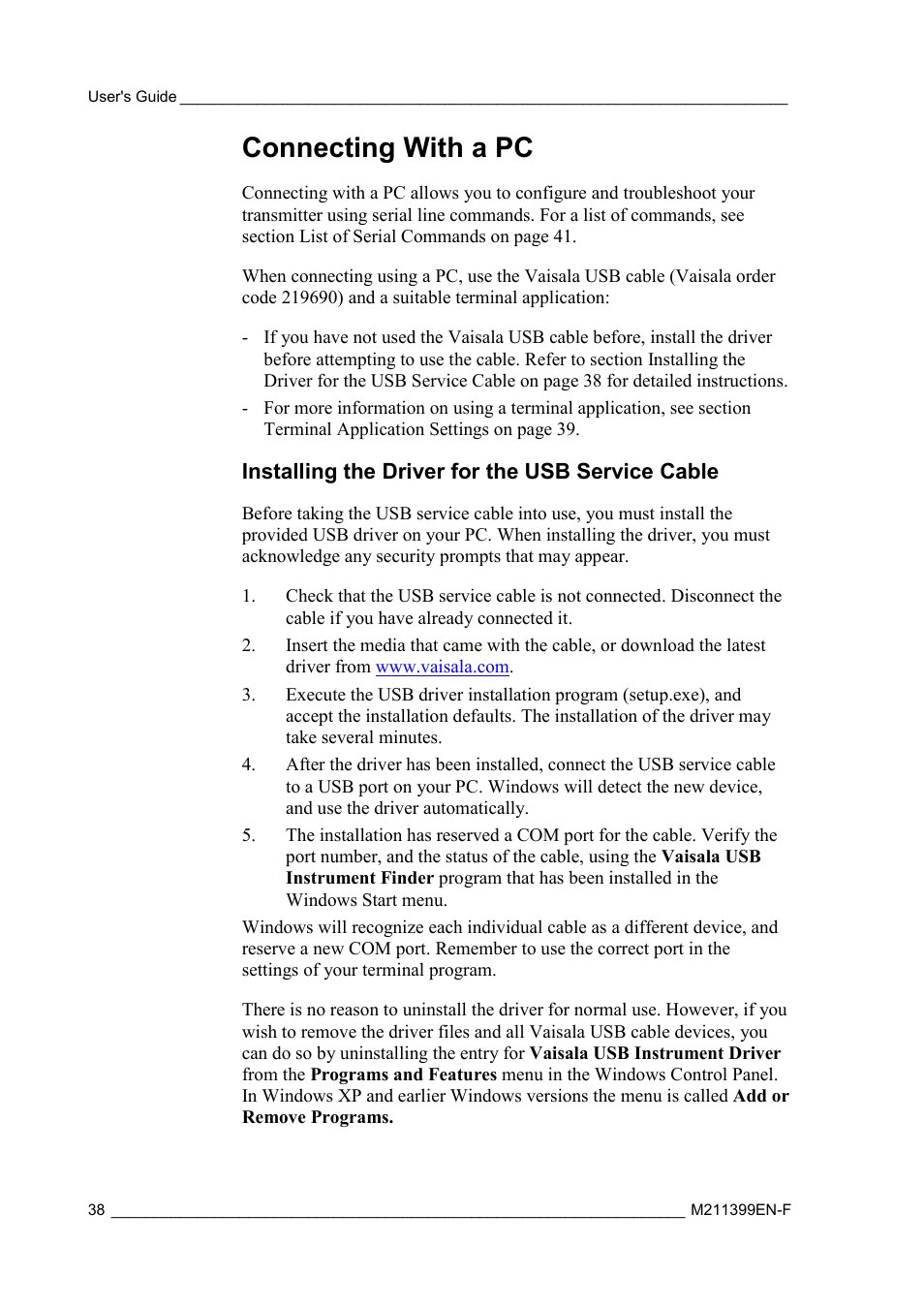 Connecting with a pc, Installing the driver for the usb service cable | Vaisala HMW90 User Manual | Page 40 / 110