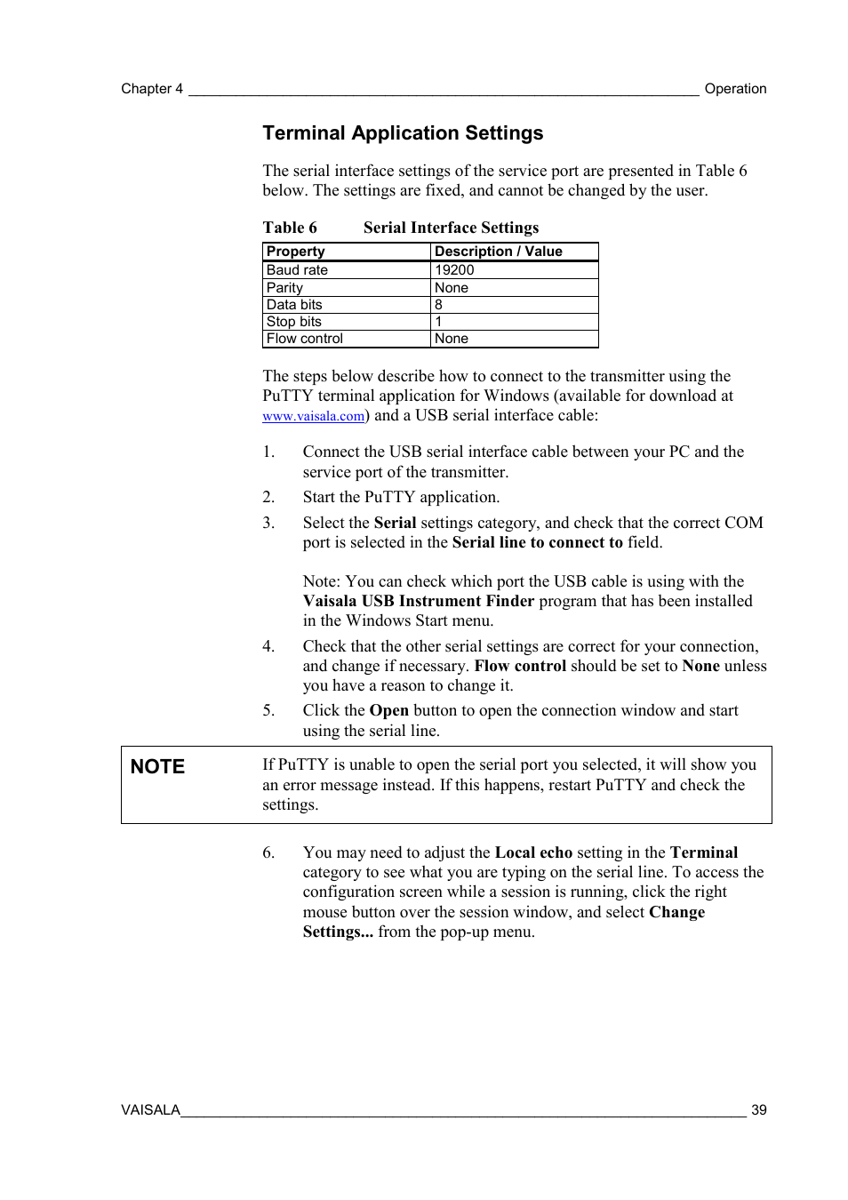 Terminal application settings | Vaisala HMW90 User Manual | Page 41 / 110