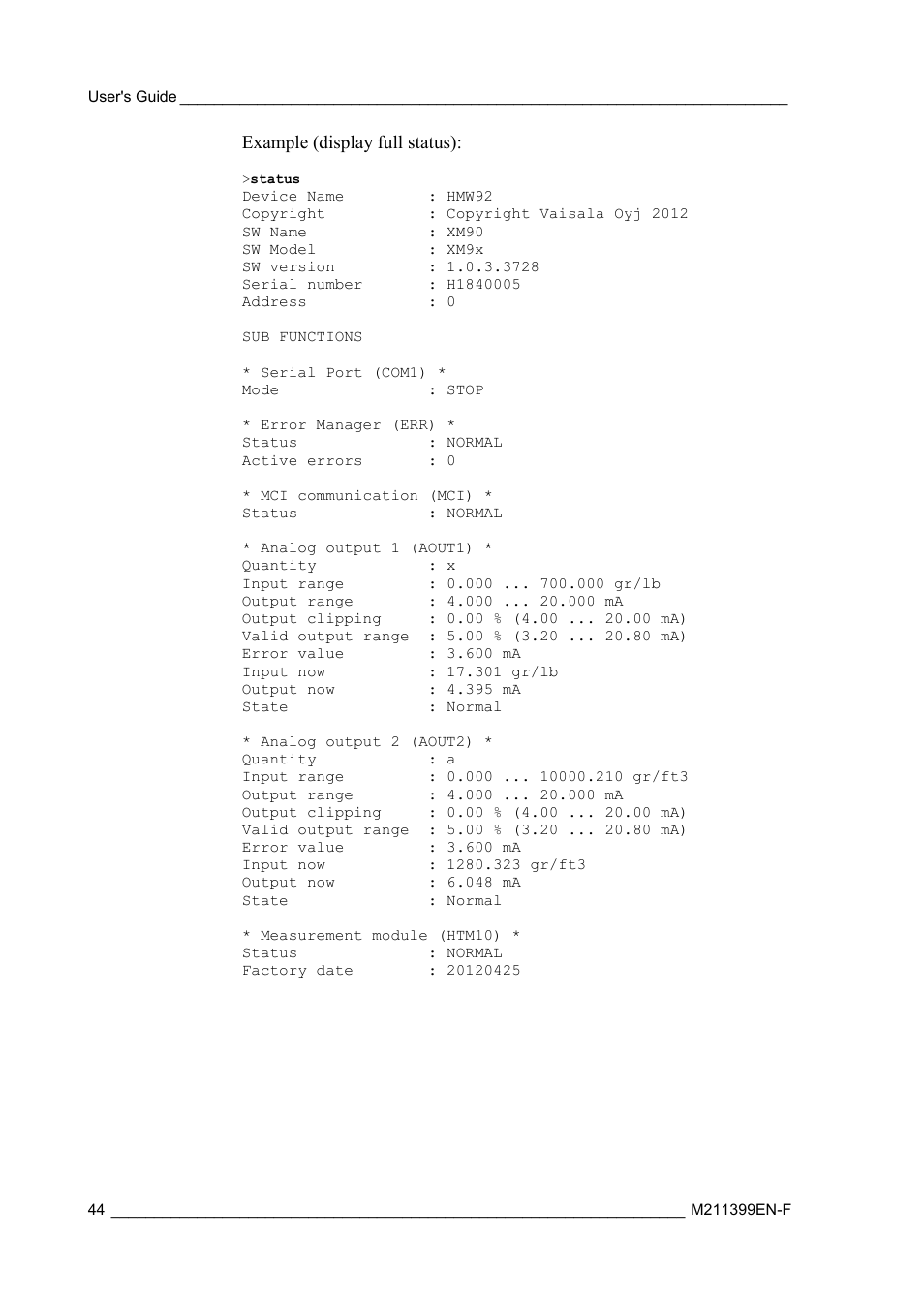Example (display full status) | Vaisala HMW90 User Manual | Page 46 / 110