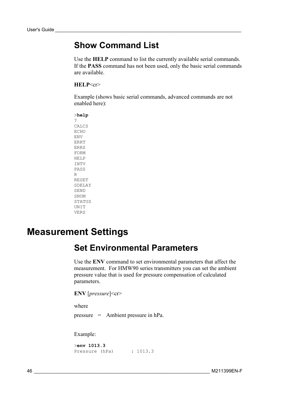 Show command list, Measurement settings, Set environmental parameters | Vaisala HMW90 User Manual | Page 48 / 110