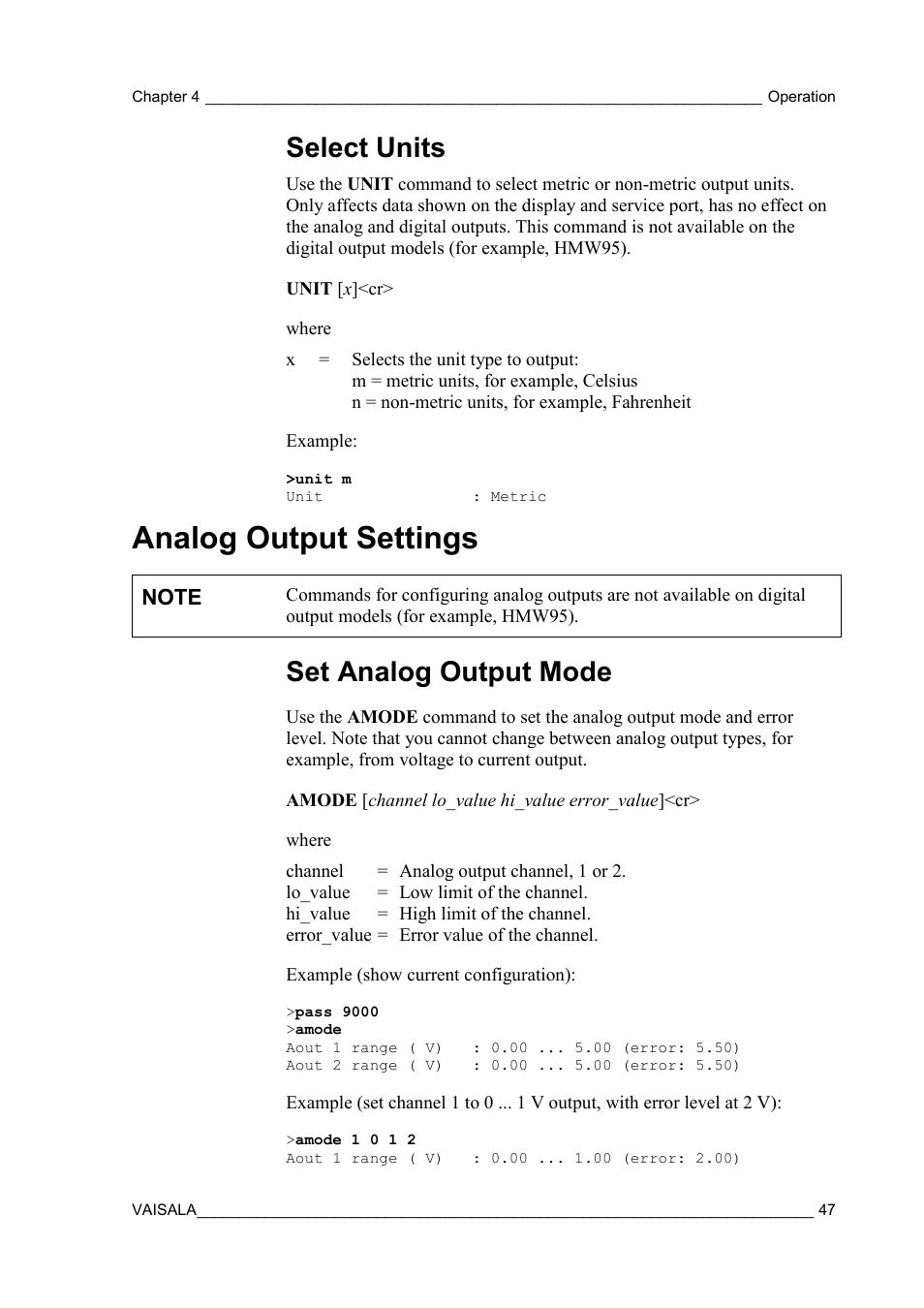 Select units, Analog output settings, Set analog output mode | Vaisala HMW90 User Manual | Page 49 / 110