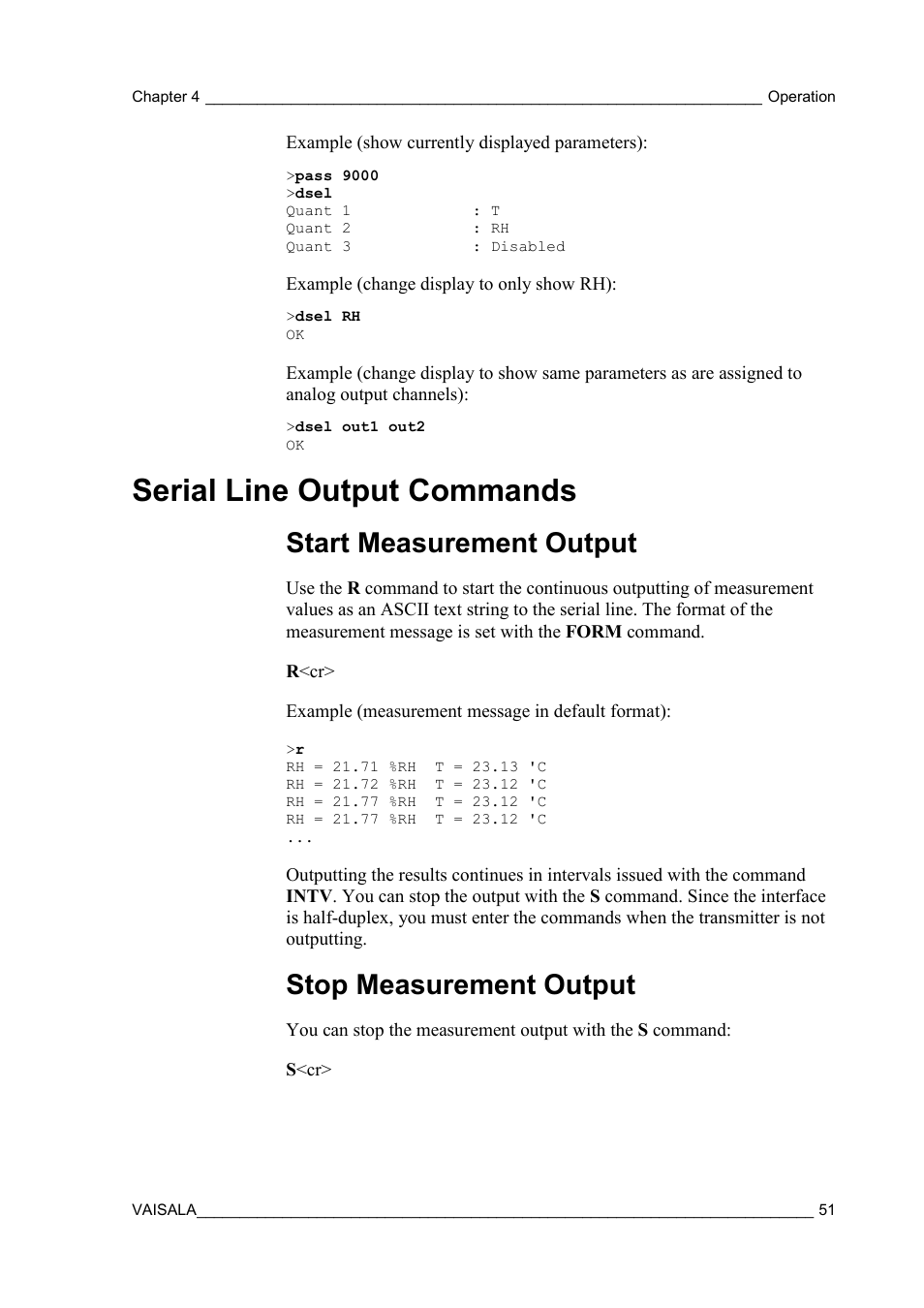 Serial line output commands, Start measurement output, Stop measurement output | Vaisala HMW90 User Manual | Page 53 / 110