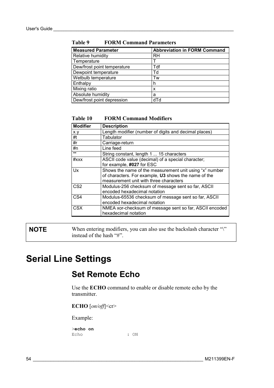 Serial line settings, Set remote echo | Vaisala HMW90 User Manual | Page 56 / 110
