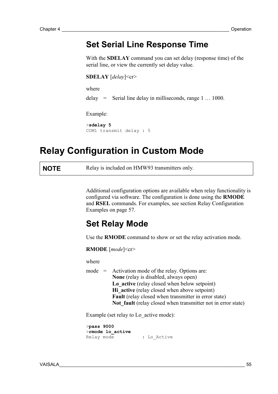 Set serial line response time, Relay configuration in custom mode, Set relay mode | Relay configuration in, Custom mode | Vaisala HMW90 User Manual | Page 57 / 110