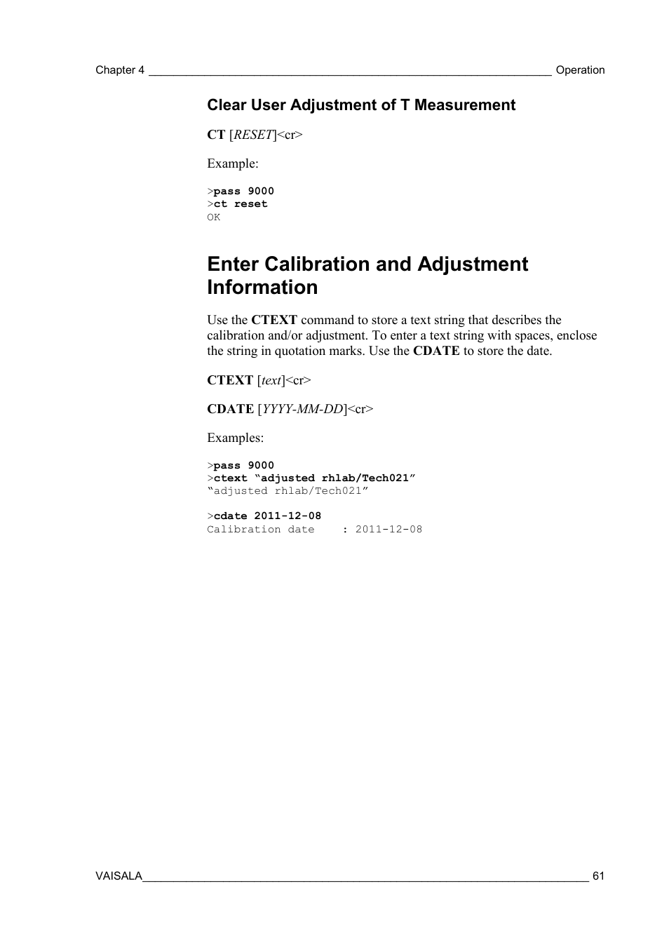 Clear user adjustment of t measurement, Enter calibration and adjustment information | Vaisala HMW90 User Manual | Page 63 / 110