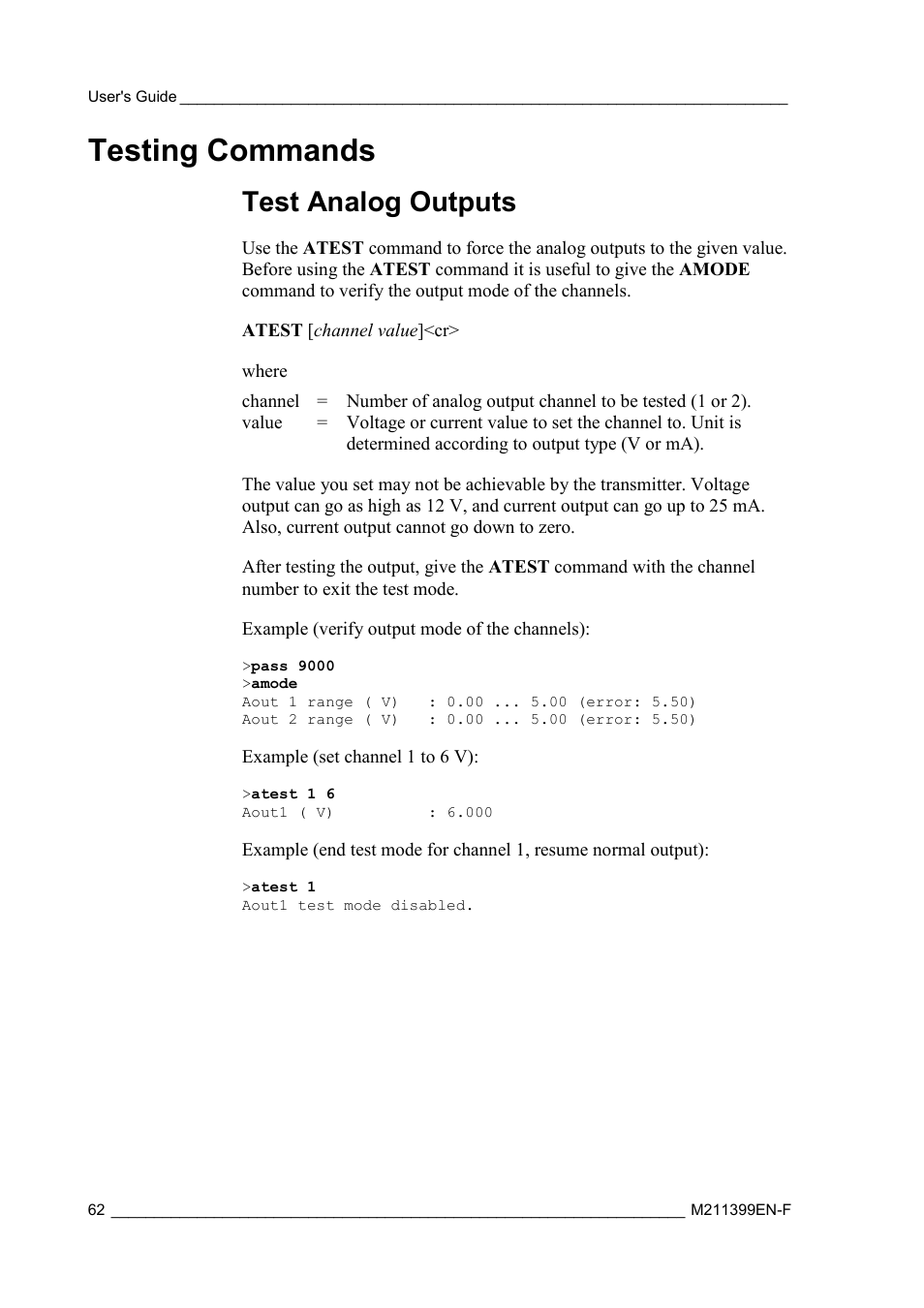 Testing commands, Test analog outputs | Vaisala HMW90 User Manual | Page 64 / 110