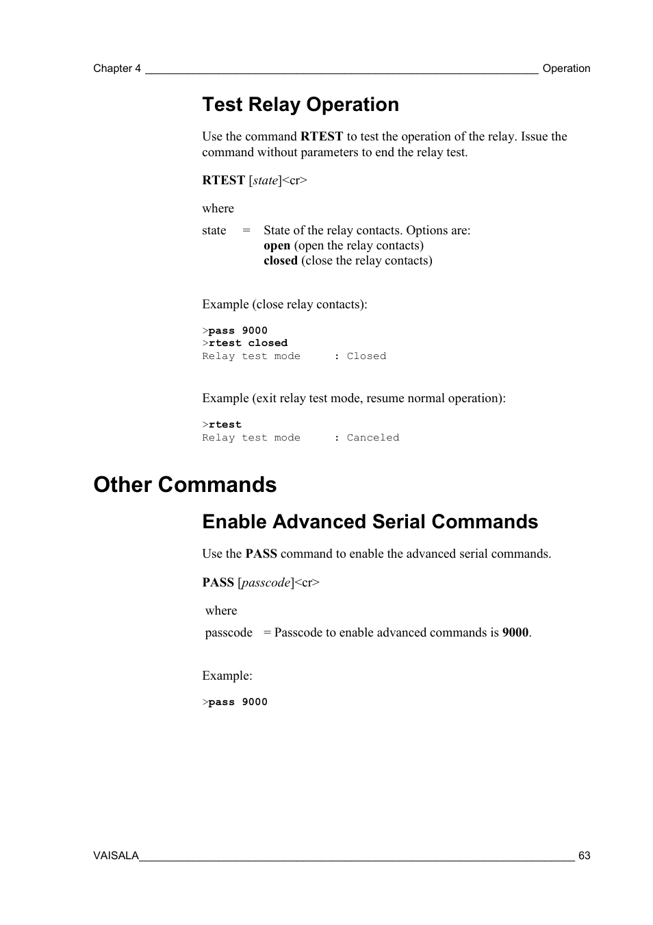 Test relay operation, Other commands, Enable advanced serial commands | Vaisala HMW90 User Manual | Page 65 / 110