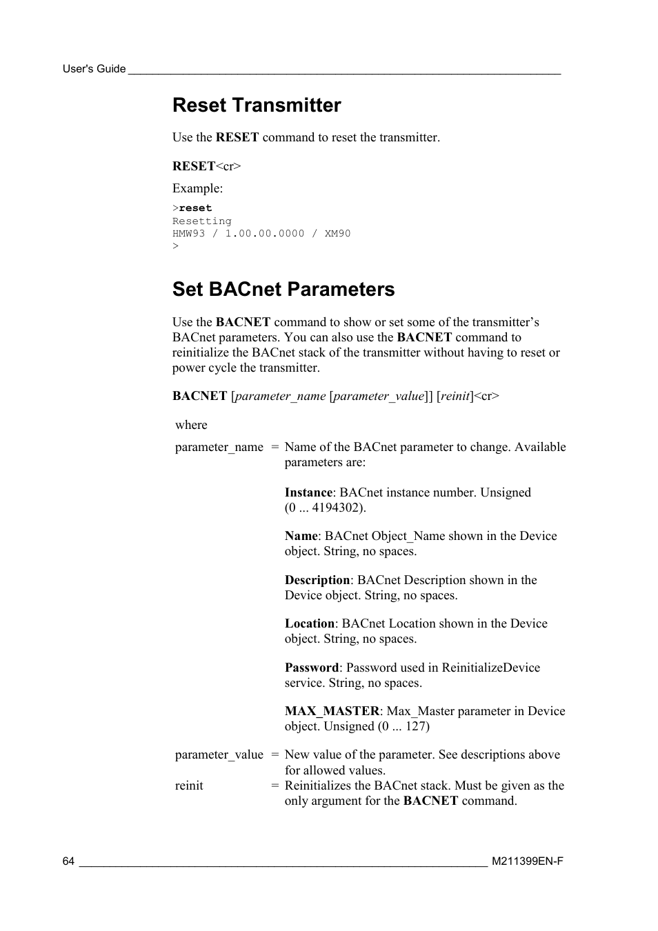 Reset transmitter, Set bacnet parameters | Vaisala HMW90 User Manual | Page 66 / 110